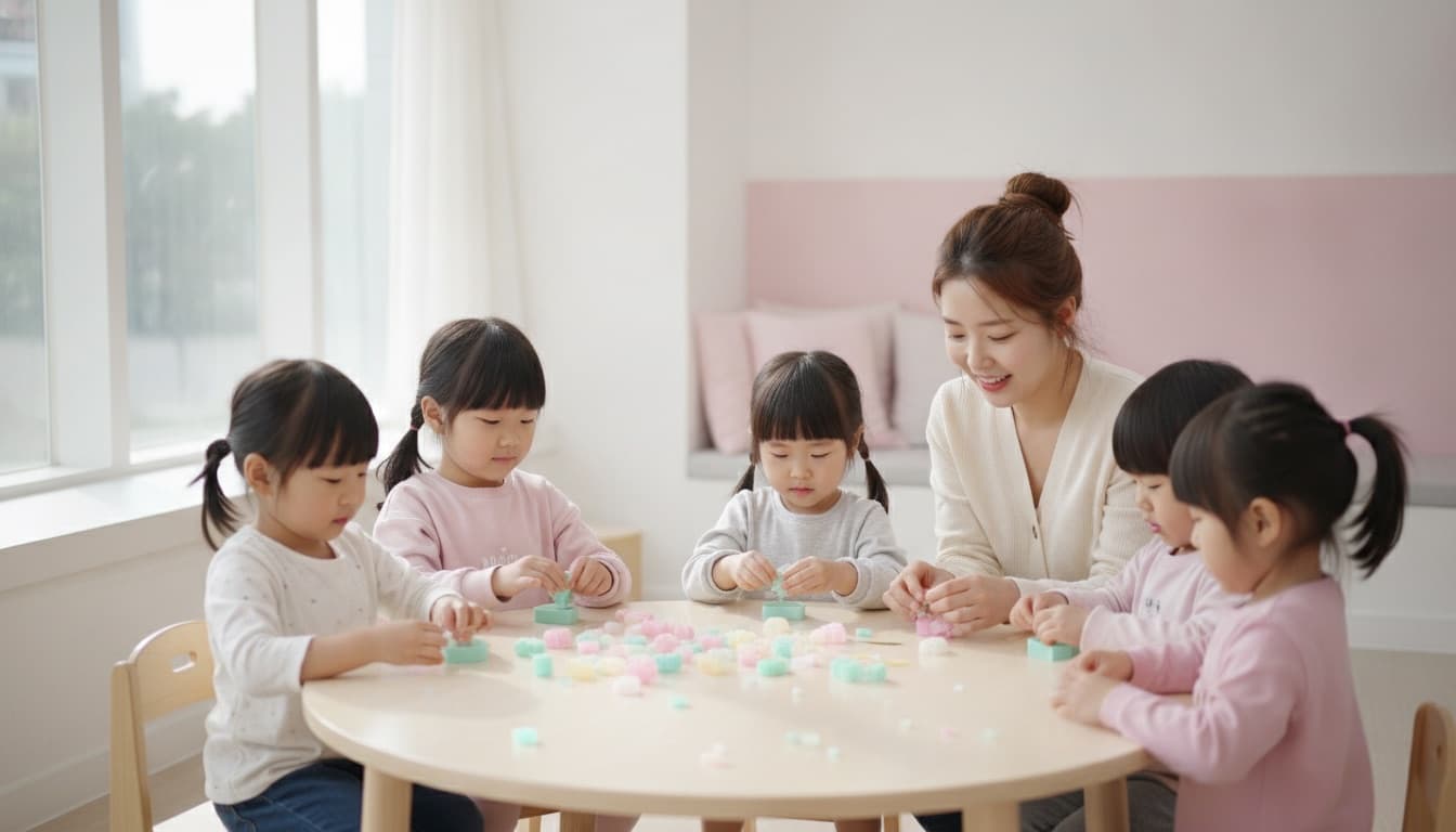 어린이집 교실에서 아이들이 선생님과 비누를 만드는 모습