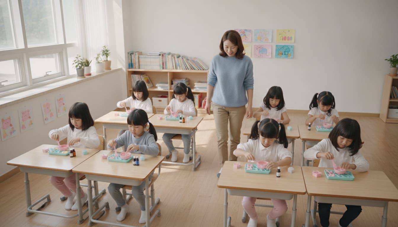 초등학교 교실에서 아이들이 각자 키트로 비누를 만드는 모습