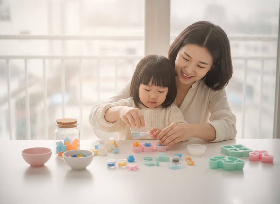비 오는 날 엄마와 아이가 식탁에서 비누를 만드는 모습